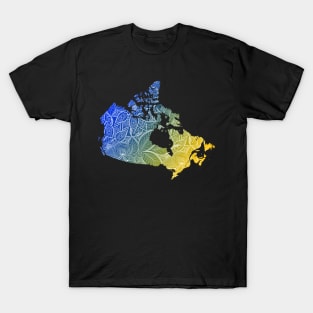 Colorful mandala art map of Canada with text in blue and yellow T-Shirt